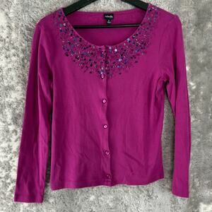 Rafaella Petite Size P Beaded Cardigan Sweater Purple Long Sleeve Casual